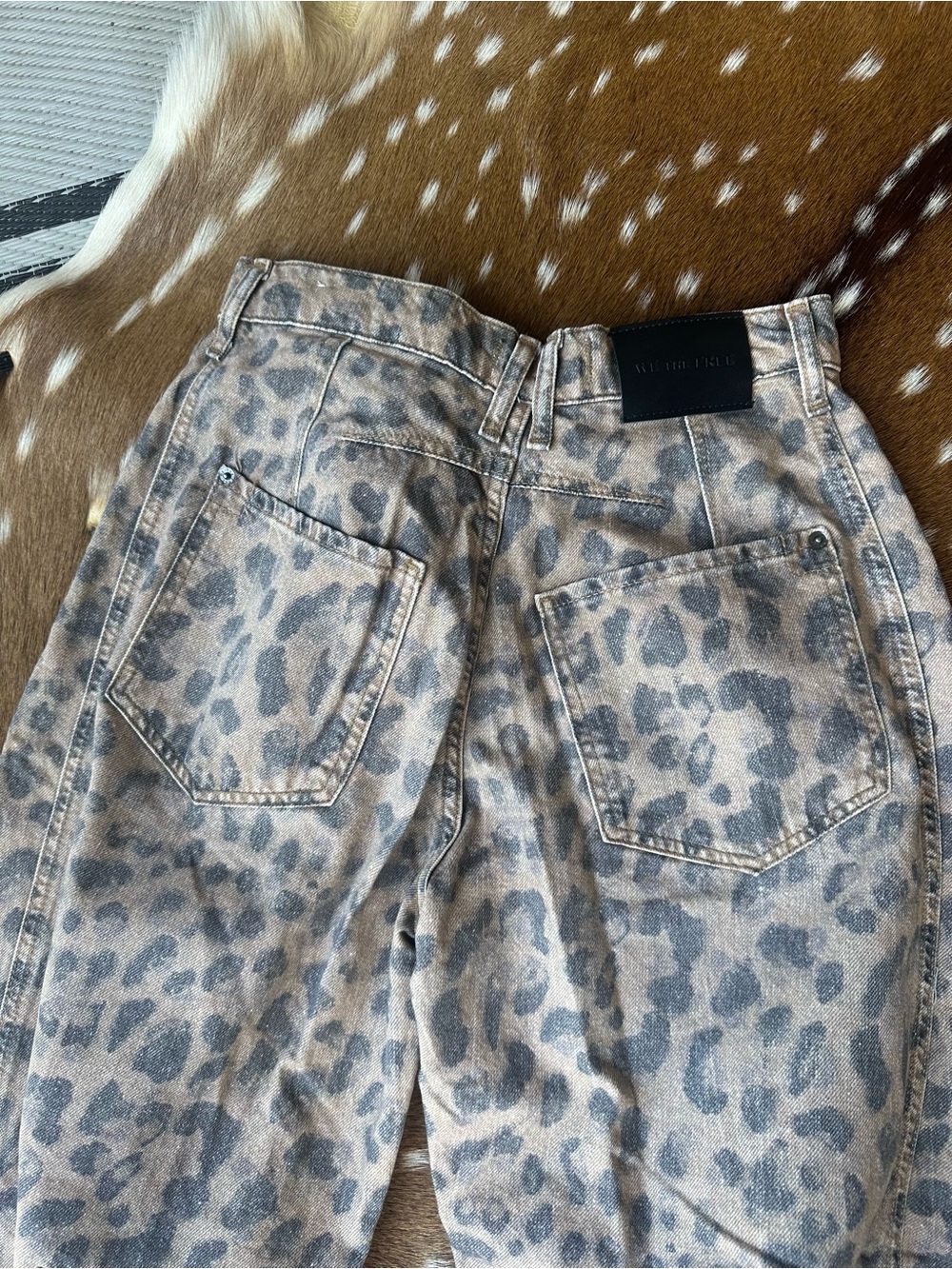 We The Free Leopard Print High-Rise Jeans in Beige and Gray